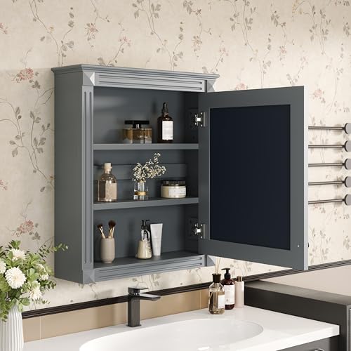 Merax Bathroom Medicine Cabinet with Mirror Door & Adjustable Shelves | 24" x 28" Wall Mounted Bathroom Storage Cabinet with Mirror, Over the Toilet Bathroom Wall Cabinet - color: Grey, size: 24"