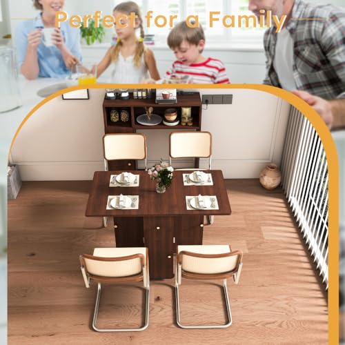 Wall-Mounted Folding Dining Set, Smart Sideboard with Power Outlet & Storage, 3-Mode Expandable Table for6 People, Space-Saving Solution for Small Apartments - color: Walnut (Table Only)