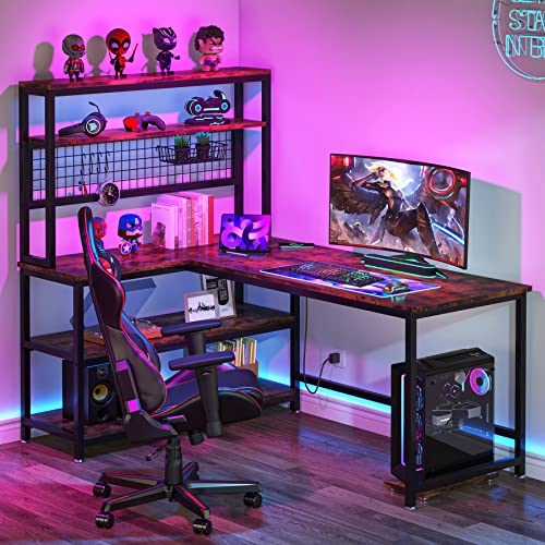 Tribesigns 55" Computer Desk Large Office Desk Study Table (Brown) | L-Shaped Writing Desk Workstation with Hutch, Wireless Charging, Open Storage Shelves, and Movable CPU Stand for Home Office - color: Brown