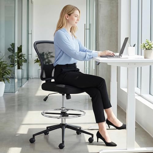 Armless Drafting Chair Tall Office Chair Adjustable Height High Back Ergonomic Desk Chair Drafting Stool Rolling Bar Stools Chairs with Footrest and Wheels - color: Black
