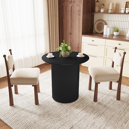 31.5" Round Dining Table for 2 People, Small Kitchen Dinner Table with Fluted Wood Base, Farmhouse Circle Dining Tables for Home, Kitchen, Dining Room, Living Room (Black) - color: Black