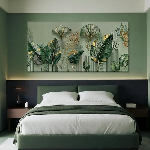 Large Botanical Wall Art Tropical Green Leaf Gold Accent Canvas Wall Art Decor For Living Room Green Wall Decor Pictures For Bedroom Office Artwork For Walls Home Wall Decoration Aesthetic 29" X 58" - color: LAI-13D, size: 58"L x 29"W