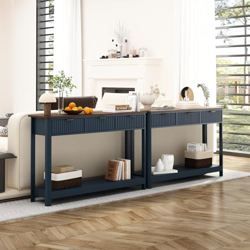 RUSTOWN Fluted Wood Console Table with 3 Drawers, 47.2" Boho Entryway Table | Narrow Behind Couch Sofa Table, Open Storage Shelf, Curved legs, 2 Tier Modern Farmhouse Hallway Table for Living Room, Foyer - color: Navy Blue