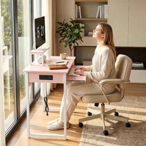 ALISENED Computer Desk with Keyboard Tray and Monitor Stand, 37.5 Inch Small Desk with Power Outlets & USB Ports for Bedroom Home Office, Compact Gaming Desk Shelf, Pink (Pink, 37.5") - color: Pink, size: 37.5"