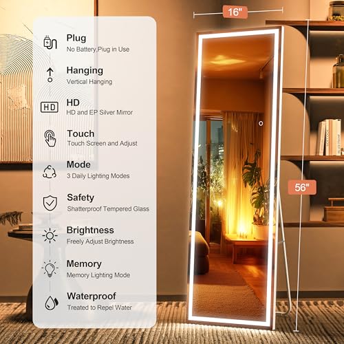 Full Length Mirror with Lights, 56" x 16" LED Lighted Floor Standing Body Mirror, Dimmable & 3 Color Lighting for Bedroom, Cloakroom, Dressing Room, Tempered Glass, Square White - color: White, size: 56"L x 16"W