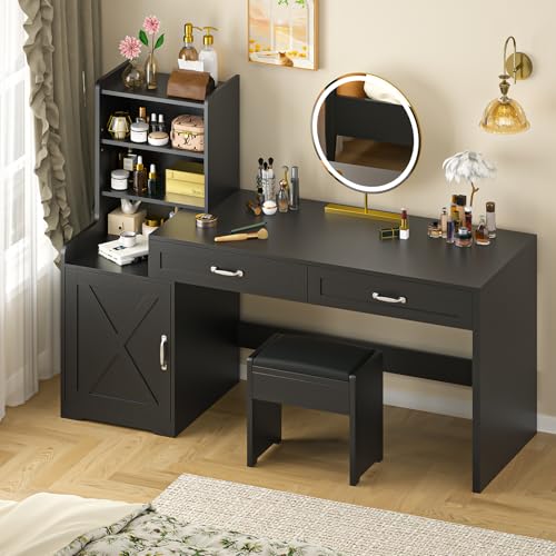 60" Computer Desk with Drawers & Bookshelves for Bedroom, Home Office | Black Desk with Bookcase & Drawers, Executive Desk Writing Study Table with Storage, Home Office Desks - color: Black