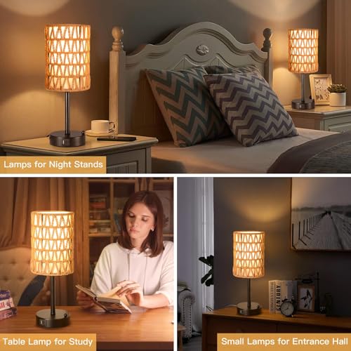 Rattan Table Lamps for Living Room, 3 Way Dimmable Touch Lamps, Small Bedside Lamps with LED Bulbs, Phone Stand, USB Ports and AC Outlet, Boho Nightstand Lamp for Kids Room, Bedroom, Office (1 Pack) - size: 1 Pack Rattan