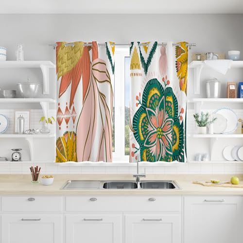 Tyrot Boho Floral Grommet Blackout Curtains, 52W x 45L, 2 Panels | Botanical, Thermal Insulated, Heat Blocking Privacy, Short Window Drapes for Kitchen, Bathroom, and Basement - color: Blush Pearl, size: 52"W x 45"L (Pack of 2)