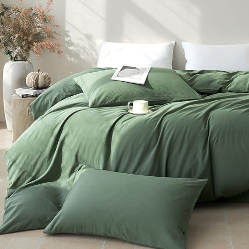 JELLYMONI 100% Cotton Full Duvet Cover Set, Washed Linen-Like Texture | Pre-Shrunk, with Natural Wrinkles, Wide Zipper Opening, Colorfast,8 Reinforced Ties,1 Duvet Cover&2 Pillowcases - color: 01- Dusty Green, size: Full(80"×90")