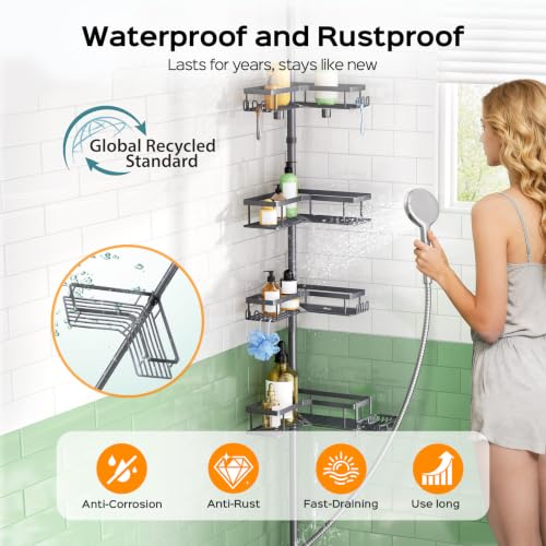 HAMITOR Corner Shower Caddy, 4-Tier Shampoo Shelf Tension Pole, 47-123 inch | Rustproof Bathroom Storage with Soap Holder, No-Drill, Adjustable, Space-Saving Bathtub Organizer For Family, Renters Gray - color: Gray