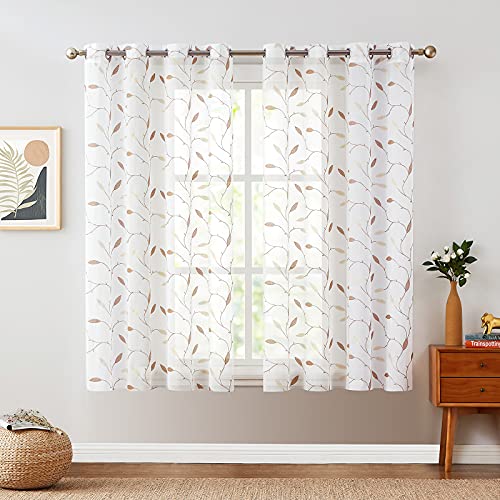 Sheer Curtains Embroidered Floral Bedroom Curtains Leaf Voile Drapes for Living Room Kitchen Light Diffusing Window Curtain Set of 2 Panels Grommet Top 63 inch Length Gold on White - color: *Grommet | Gold on White, size: 55"W x 63"L (Pack of 2)