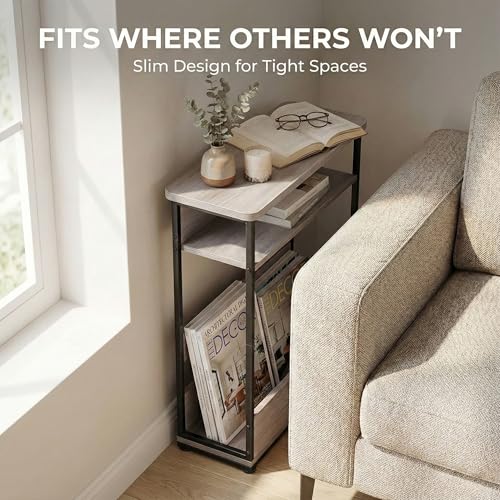 Narrow Side Table,3-Tier Slim End Table with Storage Shelf,Modern Sofa Table Thin Side Table for Narrow and Small Spaces, Skinny Bedside Table Small Nightstand with Magazine Rack Space Saving/Oak - color: Oak