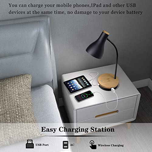 LALISU Metal Desk Lamp Wireless Charging Table Lamp Touch Reading Lights Arc Desk Lamps for Bedroom, 3 Way Dimmable Bedside Lamp with USB Charging Ports Lamp for Study Room and Office (Black) - color: Black