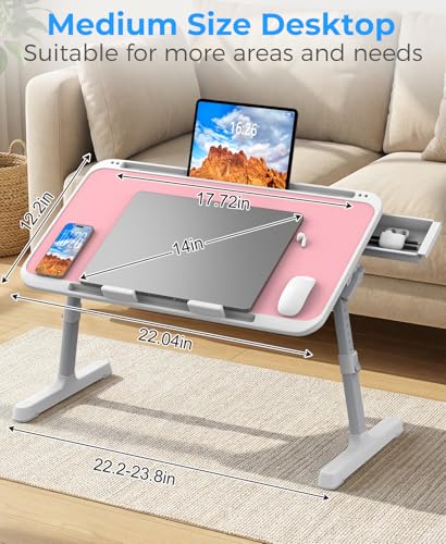 HETTHI Laptop Bed Tray Table, Adjustable Sturdy Laptop Stand for Bed with Premium Materials, Folding Portable Lap Desk with Drawer for Writing Working Reading Eating Couch Floor (Pink, 22.04"×12.2") - color: Pink