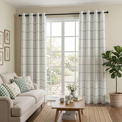 MYSKY HOME 100% Blackout Plaid Linen Farmhouse Curtains 45 Inches Long 2 Panels - Double Layer Thermal Insulated Checkered Print Grommet Top Drapes for Living Room Bedroom, Pack-2, 52" Wide, Green - color: Green, size: 52"W x 45"L (Pack of 2)