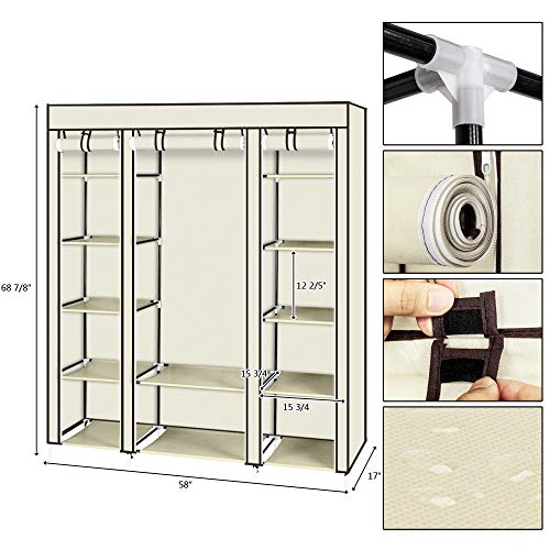 Portable Clothes Closet, Wardrobe Storage Organizer with Non-Woven Fabric, Quick and Easy to Assemble (Beige)
