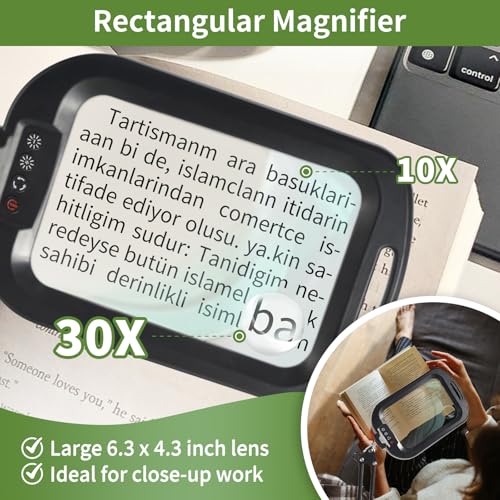 โ10X 30X Large Square Magnifying Glass with Light and Stand/Clamp | 60 LED Lighted Magnifier, Hands Free 360ยฐ Rotatable Desk Lamp for Close Work Reading Craft Hobby Painting Sewing