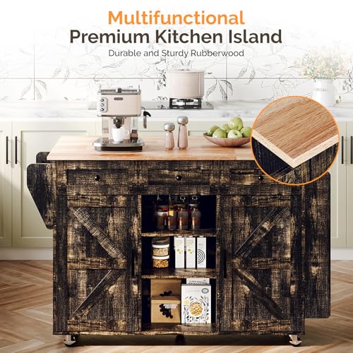 VINGLI 52" W Kitchen Island with Storage and Drop Leaf, Black & Gold | Farmhouse Rolling Cart with 3 Drawers, 2 Barn Doors, Adjustable Shelves, Side Rack and Locking Wheels - color: Black & Gold