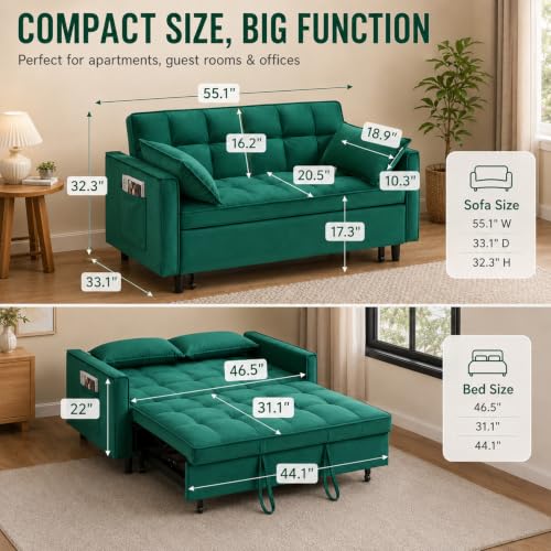 3 In 1 Velvet Convertible Sofa Bed, Pull Out Couch Bed with Reclining Backrest And 2 Pillows, 54" Full Size Loveseat Sleeper Sofa Futon Couch Bed, Couches For Small Spaces, Living Room (Green) - color: Green