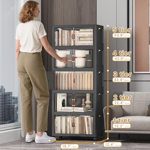 260QT Stackable Storage Bins with Lids,Doors & Wheels | Closet Organizers and Storage Cabinet, Lockable Plastic Foldable Drawers for Bedroom Dorm Office Garage(52QT*5,Black) - color: Black, size: 19.7"L