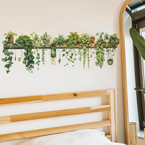 Nature Green Plants Peel and Stick Wall Decals Wallpaper, Removable Wall Decals Shelves Green Plants Vinyl Art Wall Stickers & Murals for Living Room Kitchen Bathroom Decoration (A-Green) - style: Plant