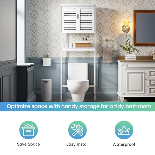 SMIBUY Bathroom Over The Toilet Storage Cabinet, 2 Door Bamboo Cabinet Organizer, Freestanding Space Saver Toilet Rack with Adjustable Inside Shelf and Open Shelf (White) - color: White