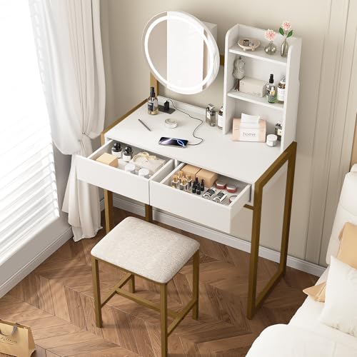 Small Vanity Desk with Mirror and Lights, Makeup Vanity Table with LED Mirror, 3 Lighting Modes, Power Outlet, Drawer, Open Shelves and Cushioned Stool for Bedroom (Gold) - color: Gold