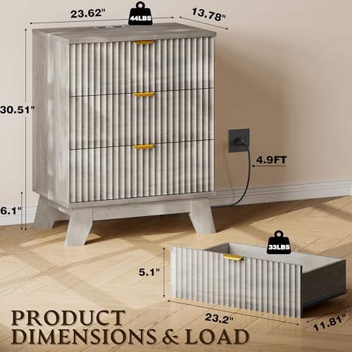 BORNOON 30.5" Nightstand with Charging Station, 3-Drawer Fluted Bedroom Chest, Wood Bedside Dresser with Power Outlets and USB Ports, Metal Slides, Stable Base, Modern Storage Cabinet for Small Spaces - color: Rustic Drift, size: 3-Drawer with Strip