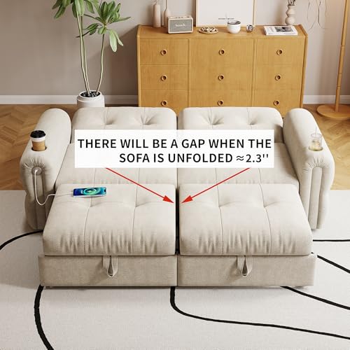 80.4" Queen Sleeper Sofa Bed, 3 in 1 Convertible Pull Out Couch with USB Ports & Cup Holders, Modern Chenille Loveseat Sofabed with Adjustable Backrest for Living Room, Bedroom, Apartment - color: Beige, style: Sofabed w/USB &Cup Holders