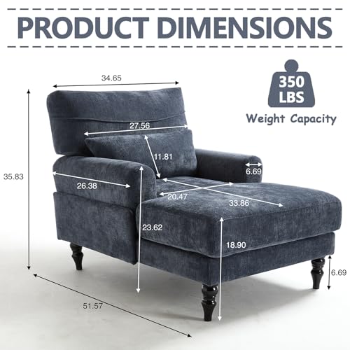 Chaise Lounge Chair Indoor Bedroom, Comfy Lounge Chair with Wide Armrest & Backrest for Small Space, Thick Cushion, High-Density Foam, Waist Pillow, Chenille (Blue) - color: Blue