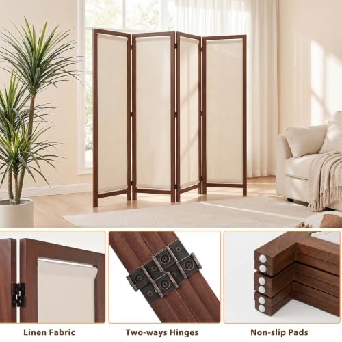 Wood Room Divider Panel with Linen Fabric, Boho Folding Privacy Screen 67" | Two Way Hinges, No-Assembly Required, Freestanding Screen For Bedroom, Living, Office or Apartment - color: Walnut, size: 4 Panel