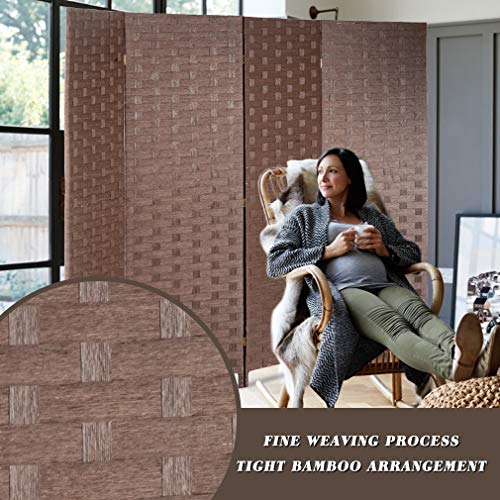 FDW 4-Panel Folding Room Divider | 6ft, Brown | Light & Portable | Wooden Wall Divider with Hand Woven Mesh | Easy to Move Privacy Screen | For Space Separation, Living Room, Bedroom, Office - color: Brown, size: 4 Panel
