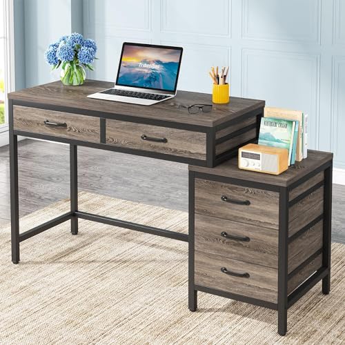 Tribesigns Computer Desk with 5 Drawers, Reversible Home Office Desks | Small Desk with Drawer Cabinet Printer Stand, PC Desk with Storage, Grey Study Writing Table Workstation for Small Spaces - color: Grey
