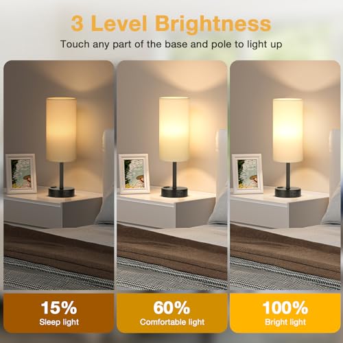 Touch Bedside Table Lamps Set of 2 - Bedroom Lamp with USB A+C, AC Outlet | 3-Way Dimmable, LED Bulb Included, White Fabric Lampshade, Matte Black Metal Base & Pole, 14" Small Nightstand Lamp for Desk - color: White Shade Black Base, size: 14.0In