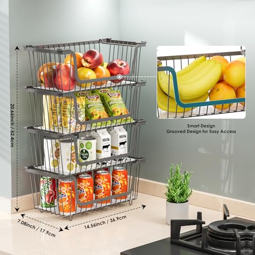 4 Pcs Stackable Wire Baskets for Pantry Organizers and Storage, | Vegetable Fruit Basket for Countertop,Kitchen Storage Metal Baskets,Produce Potato Onion Storage Bin,Gray - color: 1-Gray