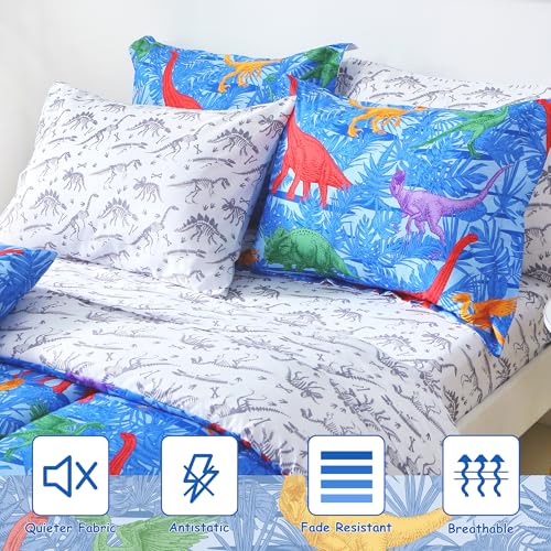 Kids Twin Comforter Sets for Boys 6 Pieces Blue Bedding Set for Teens Microfiber Dinosaur Kids Bed in A Bag with Comforter, Sheet Set, Shams and Decorative Toy Pillow All Season - color: Blue Dinosaur, size: Twin