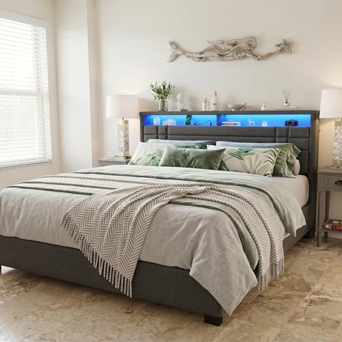 EnHomee King Upholstered Bed Frame with Charge Station & LED Lights, Grey | 2-Tier Shelves Headboard, 12" Under-Bed Storage Space, Noise-Free, No Box Spring Needed, Easy Assembly - color: Grey, size: King (U.S. Standard)