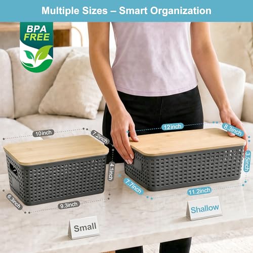 4 Pack Plastic Storage Bins with Bamboo Lids, 6.2qt Stackable Storage Organizer Box with Lable for Pantry Shelves Drawers Desktop Office, 12"L x 8.3"W x 3.5"H, Gray - color: Gray, size: Shallow- 4 Pack