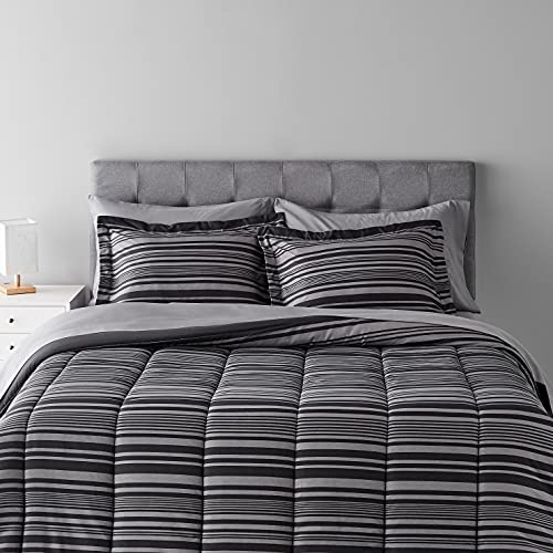 Amazon Basics Full/Queen Comforter Set with Sheets, 7-Piece Gray Calvin Stripe Bedding, Lightweight Microfiber Bed-in-a-Bag, Striped - color: Gray Calvin Stripe, size: Full/Queen, style: 1-Pack