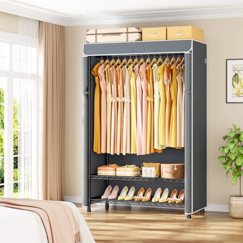 H5C Plus Clothes Rack with Cover, Covered Clothing Rack Heavy Duty | Garment Rack with Shelves, 3-Tier Portable Closets for Hanging Clothes, Max Load 370LBS, Black Closet Racks with Gray Cover - color: Black Rack with Gray Cover, size: H5C Plus