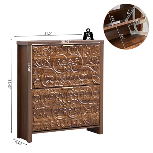 weselon Shoe Cabinet with Flip Drawers, Narrow Shoe Storage Cabinet, 2-Tier Hidden Shoe Organizer with Carved Floral for Entryway, Mid-Century Modern Slim Shoes Storage for Hallway Foyer (1, Walnut) - color: Walnut, size: 1 Pack