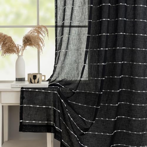 Black Sheer Curtains 90 Inch Faux Linen Boho Striped 2 Panels | Light Filtering Cottage Farmhouse Drapes for Living Room Bedroom, Window Treatments Rod Pocket for Home Decor, 52 x 90 - color: Black, size: 52"W x 90"L (Pack of 2)