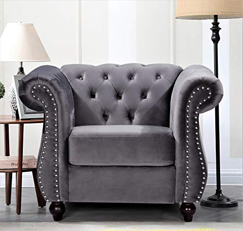 GDFStudio 82.6" Velvet Sofa Set, Modern Living Room Couch Set, Upholstered Sofa Loveseat Chair Set, Chesterfield with Button Tufted Back Rolled Arms Wood Tapered Feet for Apartment Living Room, Gray - color: Grey, size: 3+2+1 Seat