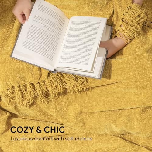 RECYCO Chenille Throw Blanket for Couch, 60"x80", Mustard Yellow | Super Soft Knit Throw Blanket with Fringe Tassels, Lightweight Knitted Throw, Cozy, Ideal for Sofa Chair Bed Living Room Gift - color: Mustard Yellow, size: 60'' X 80''