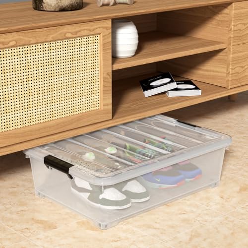 25 Quart Clear Under Bed Storage Container with Wheels, 4 Packs | Stackable Plastic Underbed Bin with Lid - size: 25 Quart