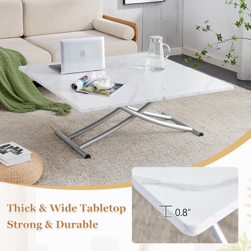 Adjustable Height Coffee Table, Folding Dining Table, White&Sliver | Convertible lift top table for use as a coffee table, dining table, home office desk or vanity - color: White & Sliver Legs