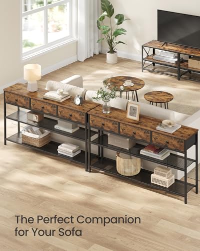 SONGMICS Console Table, Narrow Sofa Table with 2 Mesh Shelves | For Entryway, Living Room, 3 Fabric Drawers, Rustic Brown, BELLAH Collection ULGS014K101 - color: Rustic Brown, size: 11.8"D x 44.8"W x 31"H (3 Drawers)
