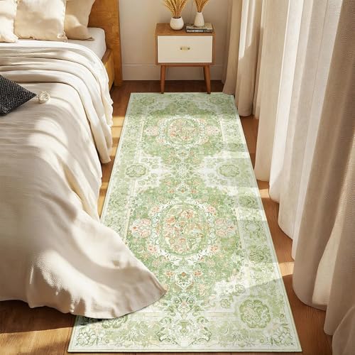 Boho Vintage Area Rug 2x6 Rug for Hallway,Green Washable Runner | Low Pile Non Slip Rug for Entryway Hallway Bedroom, Small Decorative Carpet, Light Pink Floral - color: Boho Pink Green, size: 2'x6'