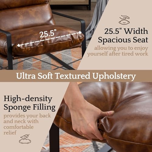LukeAlon Modern PU Leather Accent Armchair, Black | Pu Leather Upholstered Living Room Chair With Metal Base & Thickened Cushion, Comfy Single Lounge Sofa for Bedroom, Office - color: Brown