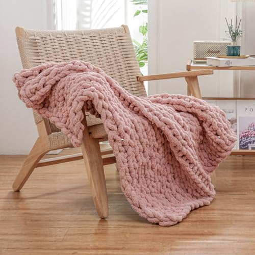 WESHIONGOO Chunky Knit Blanket Throw for Couch Bed 40"×40" Pink | 100% Handmade Knitted Throw blankets Fluffy Soft Blanket With Jumbo Chenille Yarn Thick - color: Pink, size: 40"x40"(Small Size Throw)